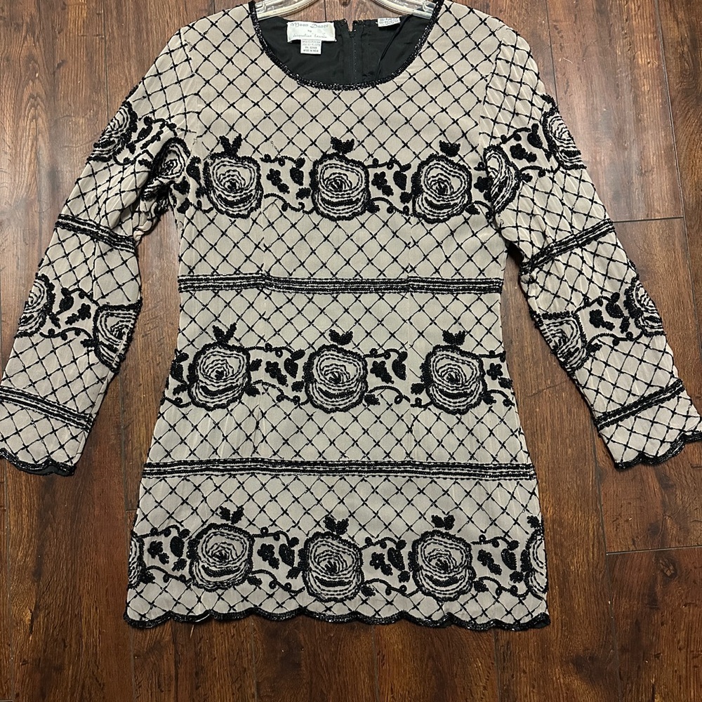 Vintage Black and Cream Beaded Mini Dress